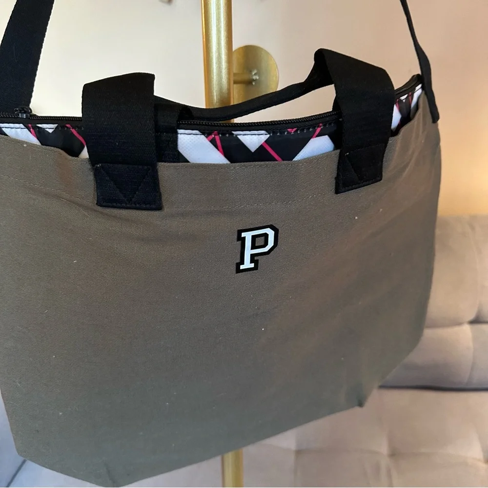VS PINK Green Canvas Insulated Cooler Tote Bag with Black Straps